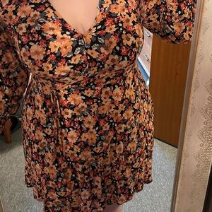 Spring Floral Wrap Dress Scrunch Sleeve Easter Orange Pink Blue Flowers